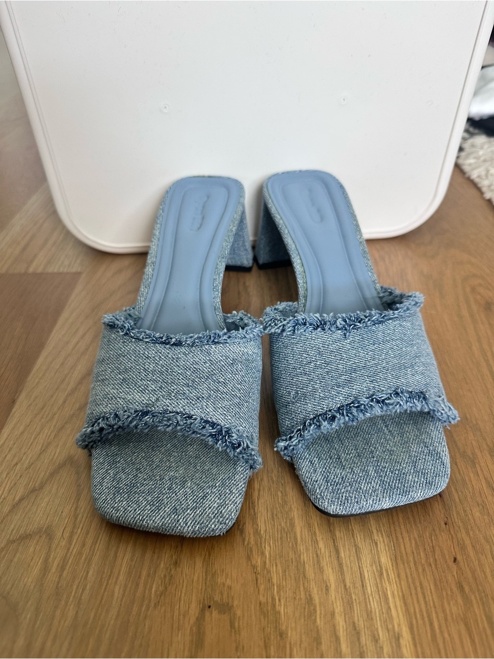 Frayed Denim Square-Toe Block Heel Mule - Light Blue